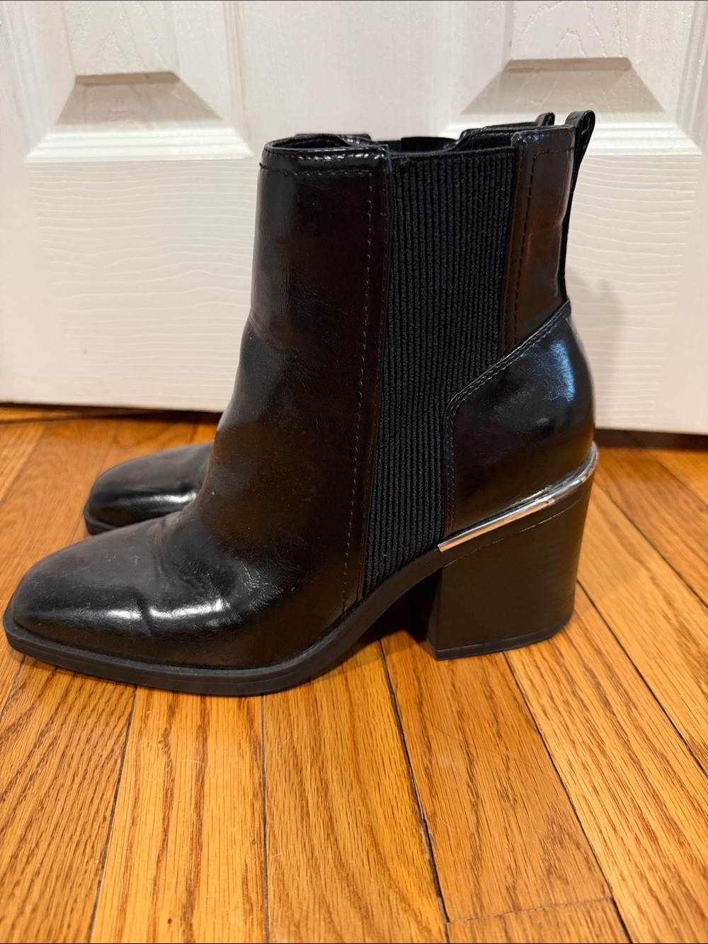 Kelly & Katie Black Patent Chelsea Ankle Boots with Silver Trim
